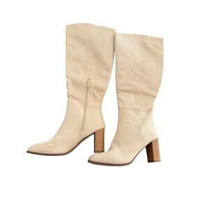 Beige Women Size 9.5 Knee High Boots Chunky Block Heels